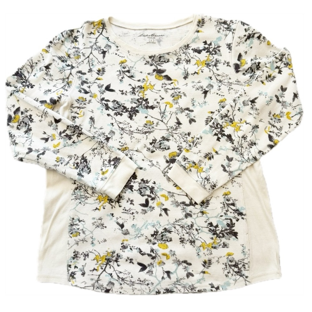 Eddie Bauer White and Yellow Long Sleeve Thermal with Floral Design